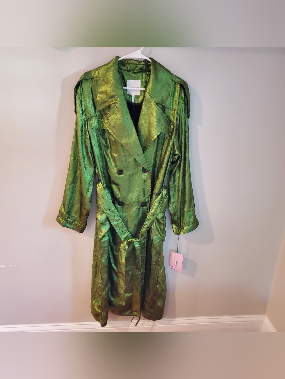 Avec Les Filles Green Metallic Shimmer Shiny Trench Coat Belted Size L